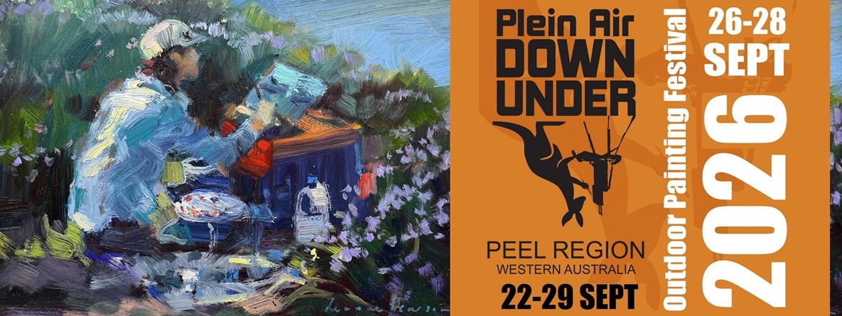 A painting of someone painting the landscape, with an orange graphic on the side showing the dates of Plein Air Down Under Festival as 22-29 September